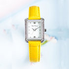 Yellow Leather Strap Analog Dial Watch 24cm Diamond Rectangle Watch Womens 3ATM