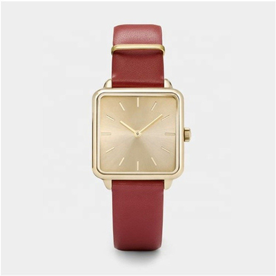 20ATM Red Leather Watch Minimalist Square Face Leather Strap Watch