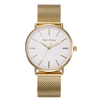 Gold Stainless Steel Mesh Strap Ladies Quartz Watch Large Dial Simple 36mm