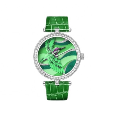 Green 3D Dial Watch 36mm Stainless Steel Leather Strap Ladies