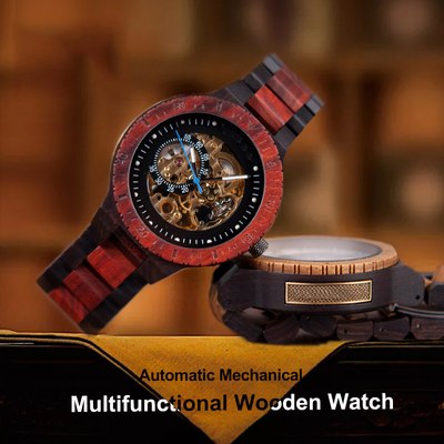 Japanese 47.9mm Wooden Mechanical Watch 3BAR Luminous Swiss Wood